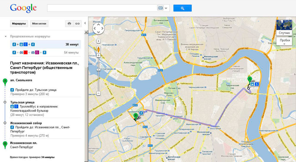 маршрут Смольный - Исаакиевская площадь на сервисе Google Maps